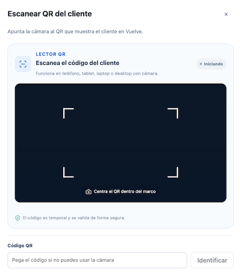 Pantalla real del lector de Vuelve para escanear el código QR de un cliente