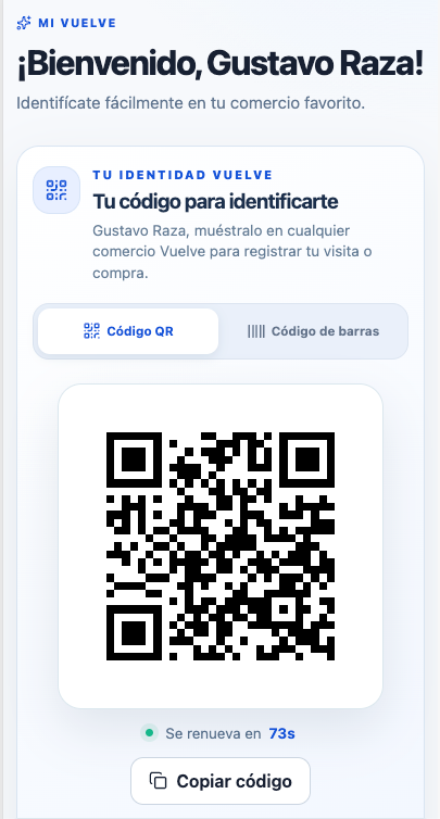 Pantalla real de Mi Vuelve con el código QR para identificar al cliente