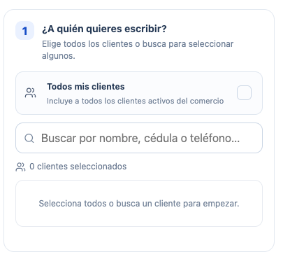 Pantalla real de Vuelve para seleccionar clientes destinatarios