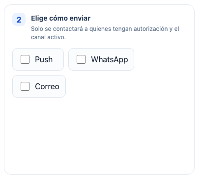 Pantalla real de Vuelve para elegir Push, WhatsApp o correo