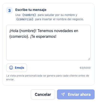 Pantalla real de Vuelve para redactar y enviar un mensaje a los clientes