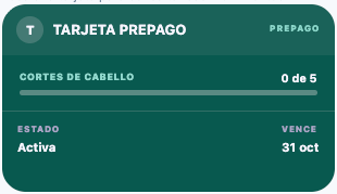 Tarjeta prepago real de Vuelve, con cinco cortes de cabello y estado activa