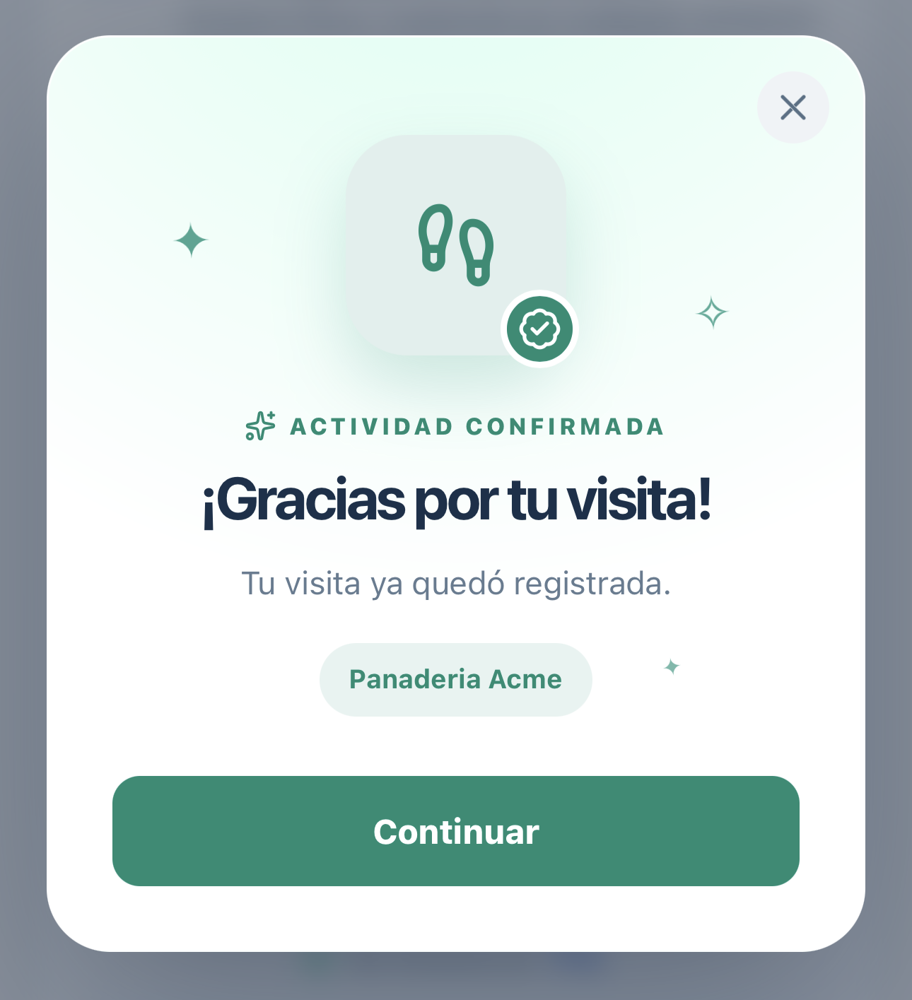 Pantalla real de Vuelve que confirma que la visita del cliente quedó registrada